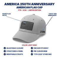 America 250th Anniversary Flag Cap - Light Gray - features infographic