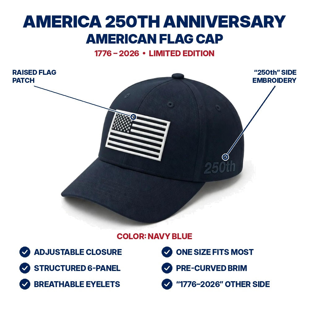 America 250th Anniversary Flag Cap - Navy Blue - features infographic