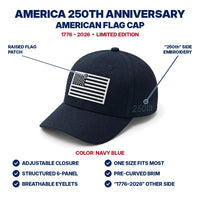 America 250th Anniversary Flag Cap - Navy Blue - features infographic