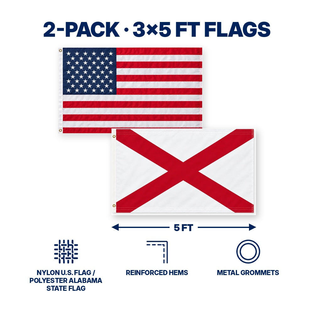 Heavy Duty American Flag and Alabama State Flag 3x5 2-Pack features and size details