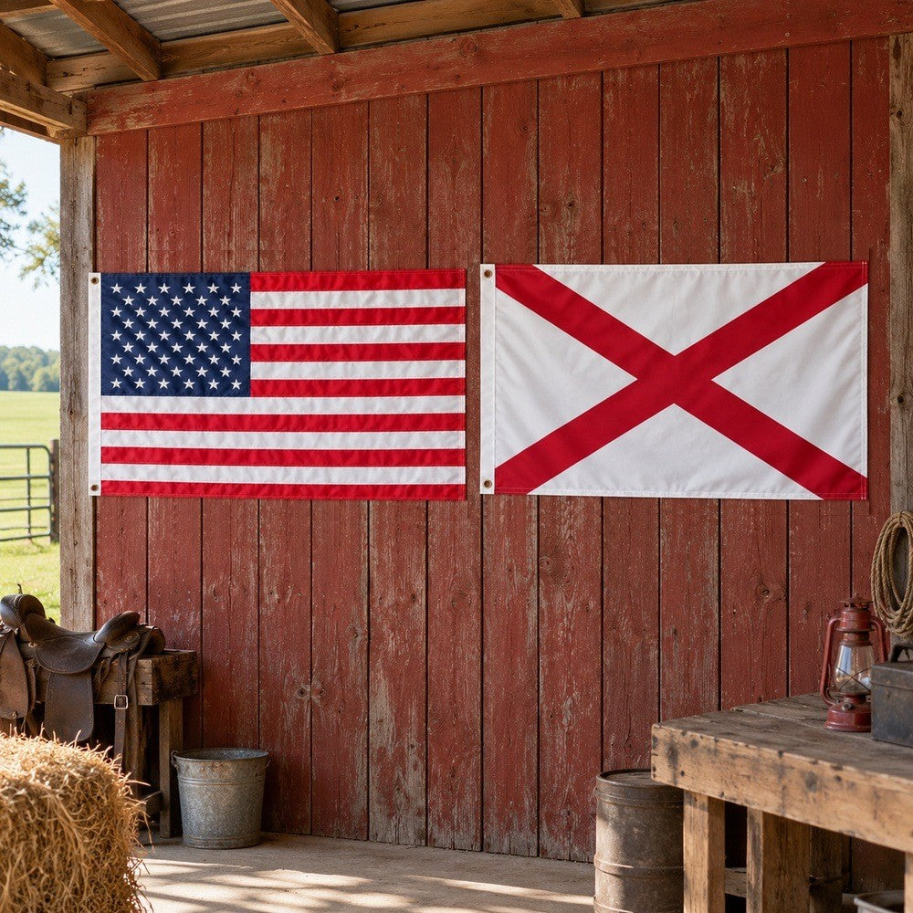 Heavy Duty American Flag and Alabama State Flag 3x5 2-Pack displayed outdoors