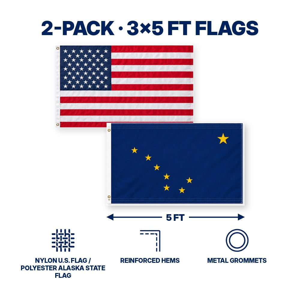 Heavy Duty American Flag and Alaska State Flag 3x5 2-Pack features and size details