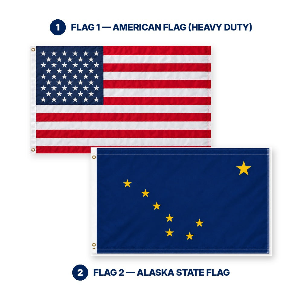 Heavy Duty American Flag and Alaska State Flag 3x5 2-Pack features and size details