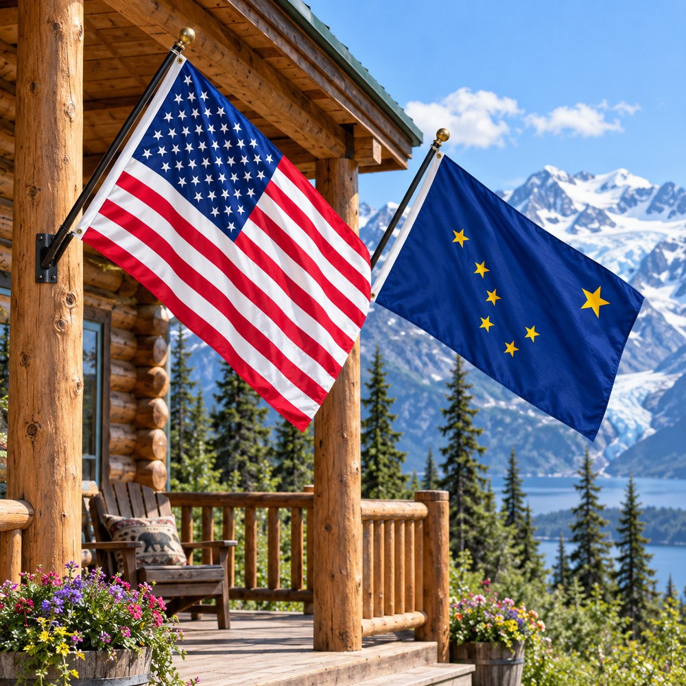 Heavy Duty American Flag and Alaska State Flag 3x5 2-Pack displayed outdoors