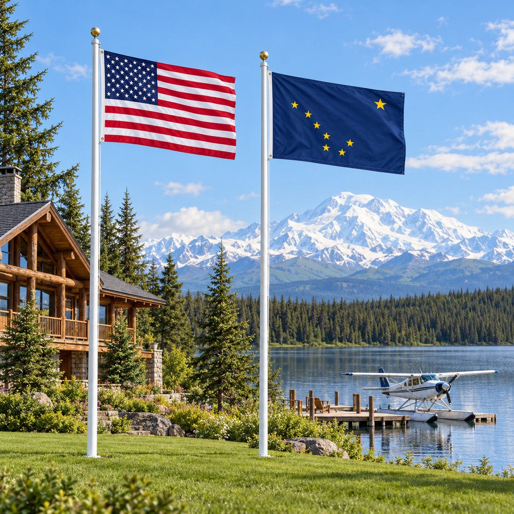 Heavy Duty American Flag and Alaska State Flag 3x5 2-Pack displayed outdoors