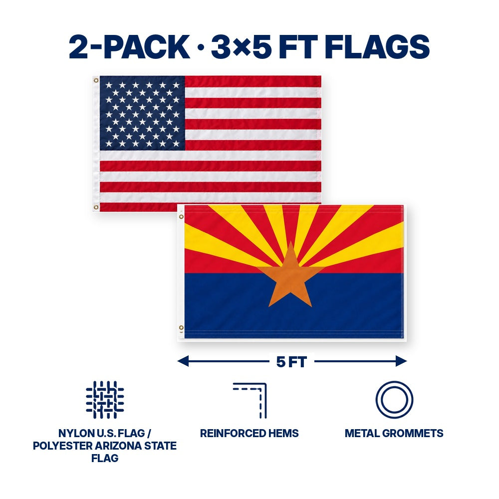 Heavy Duty American Flag and Arizona State Flag 3x5 2-Pack features and size details