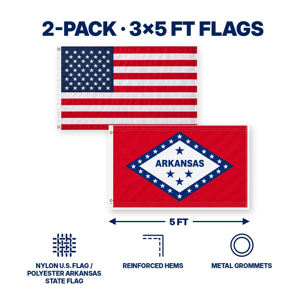 Heavy Duty American Flag and Arkansas State Flag 3x5 2-Pack features and size details