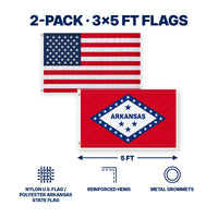 Heavy Duty American Flag and Arkansas State Flag 3x5 2-Pack features and size details