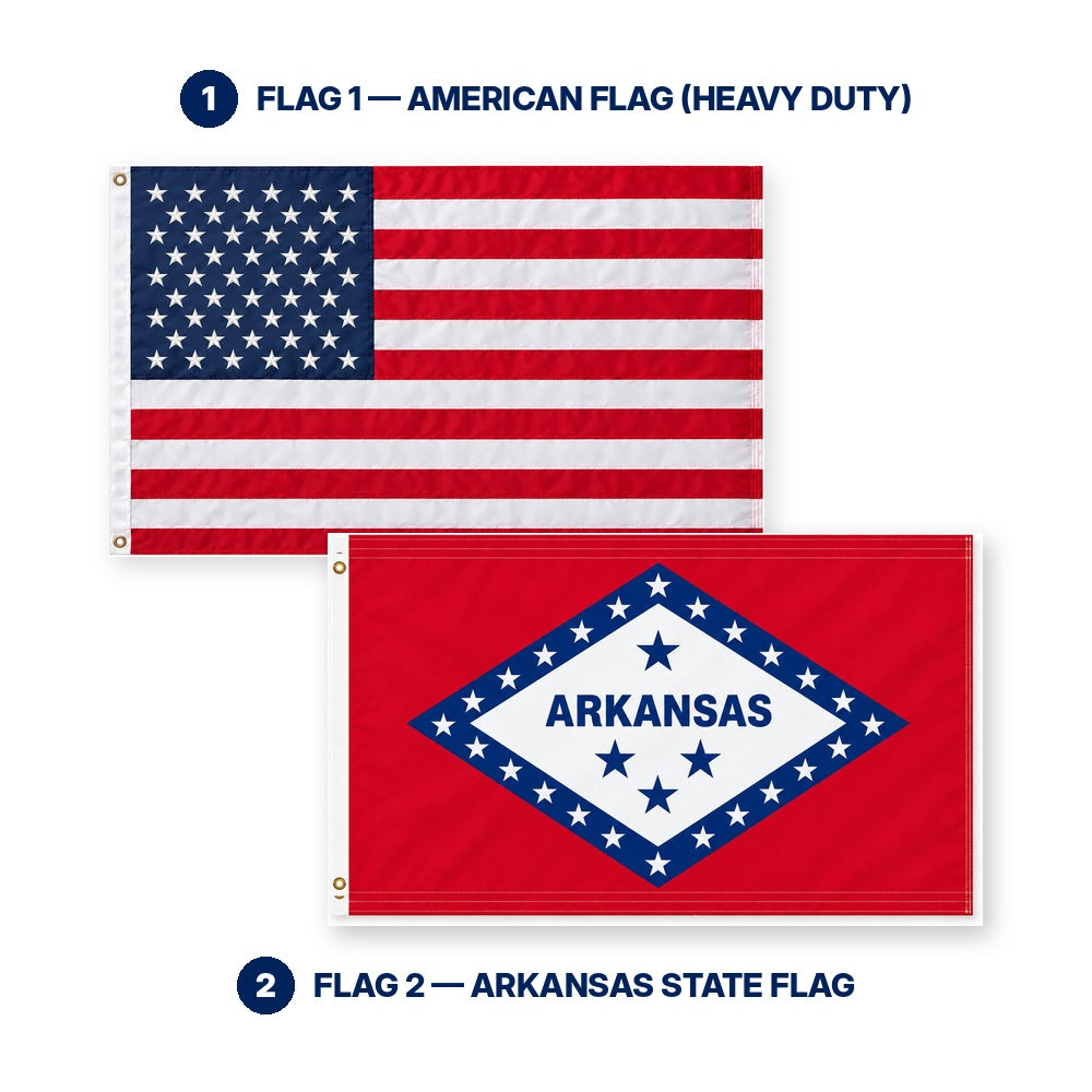 Heavy Duty American Flag and Arkansas State Flag 3x5 2-Pack features and size details