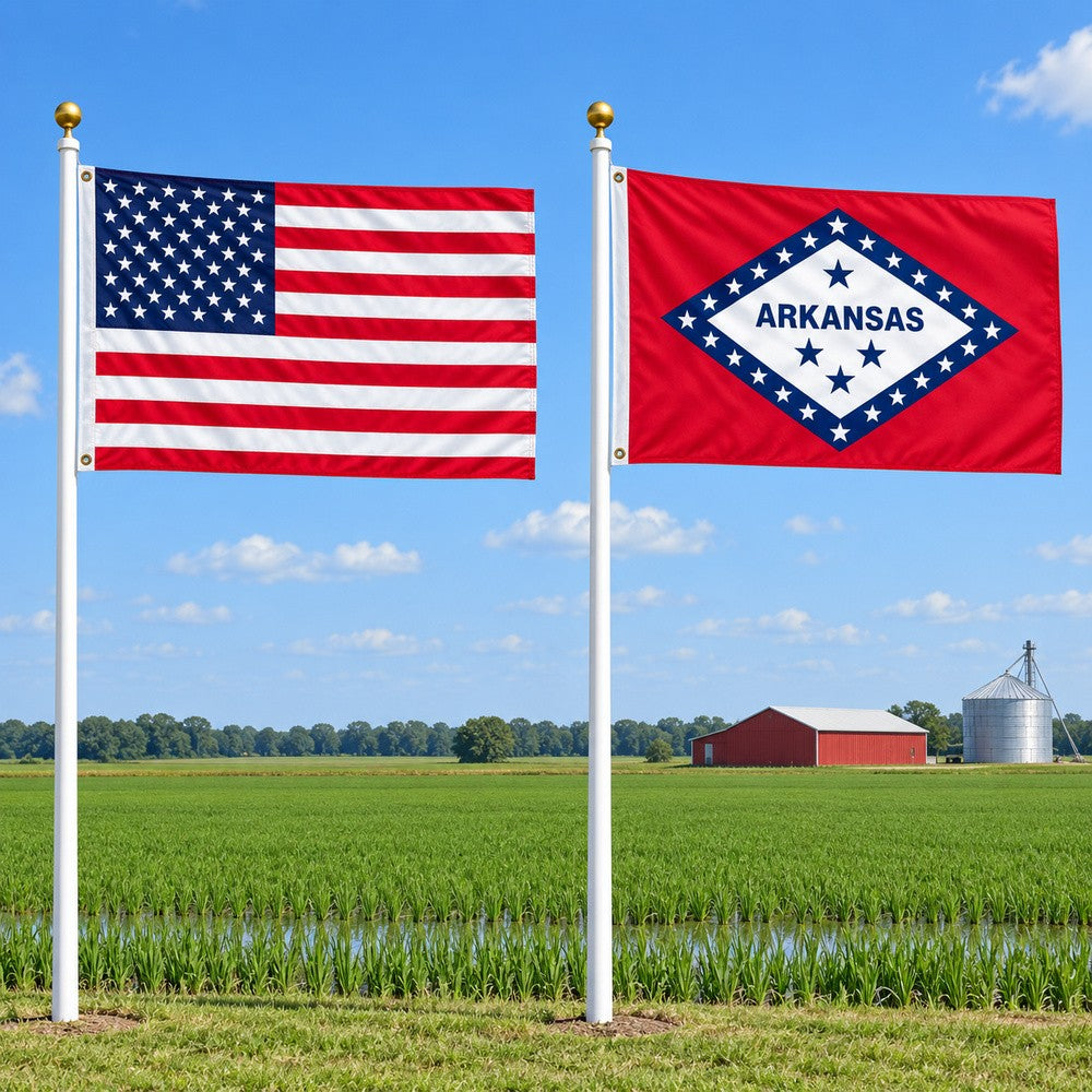 Heavy Duty American Flag and Arkansas State Flag 3x5 2-Pack displayed outdoors