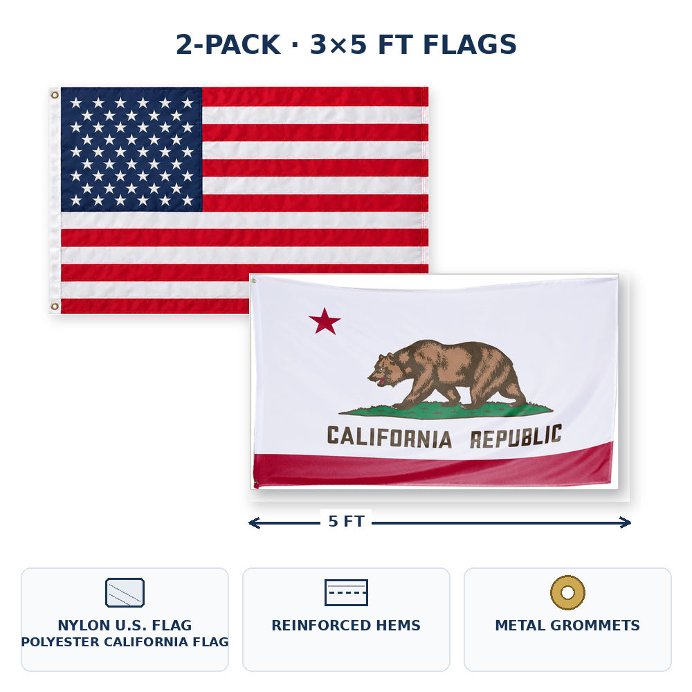 Heavy Duty American Flag and California State Flag 3x5 2-Pack features and size details