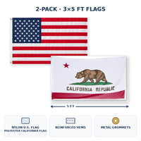 Heavy Duty American Flag and California State Flag 3x5 2-Pack features and size details