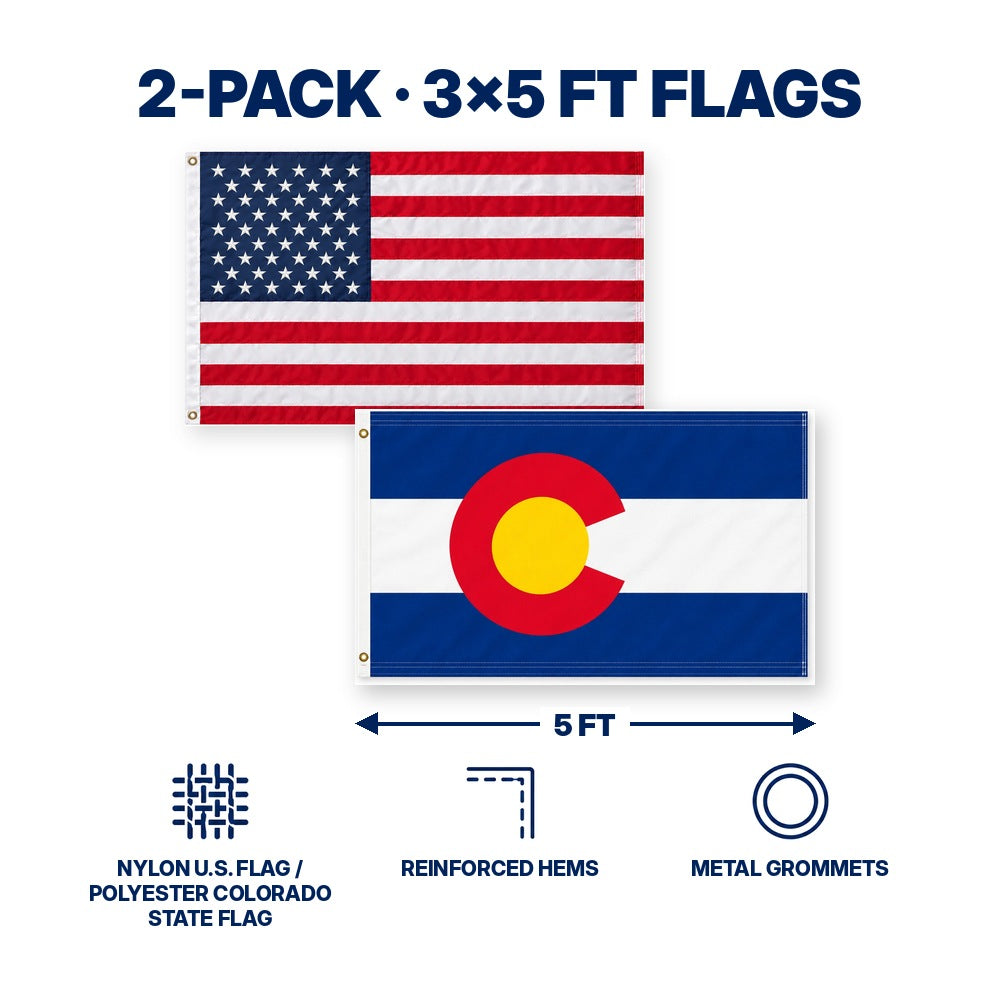 Heavy Duty American Flag and Colorado State Flag 3x5 2-Pack features and size details