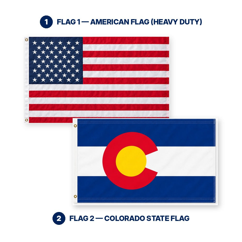 Heavy Duty American Flag and Colorado State Flag 3x5 2-Pack features and size details