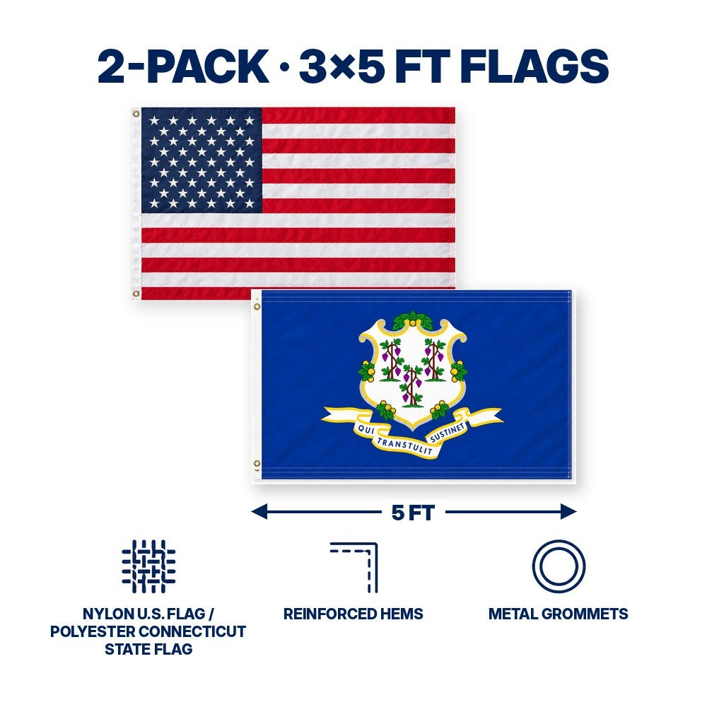 Heavy Duty American Flag and Connecticut State Flag 3x5 2-Pack features and size details