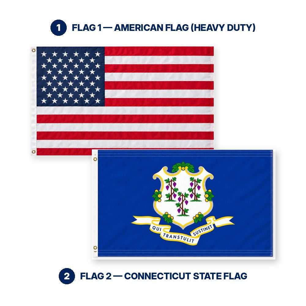 Heavy Duty American Flag and Connecticut State Flag 3x5 2-Pack features and size details