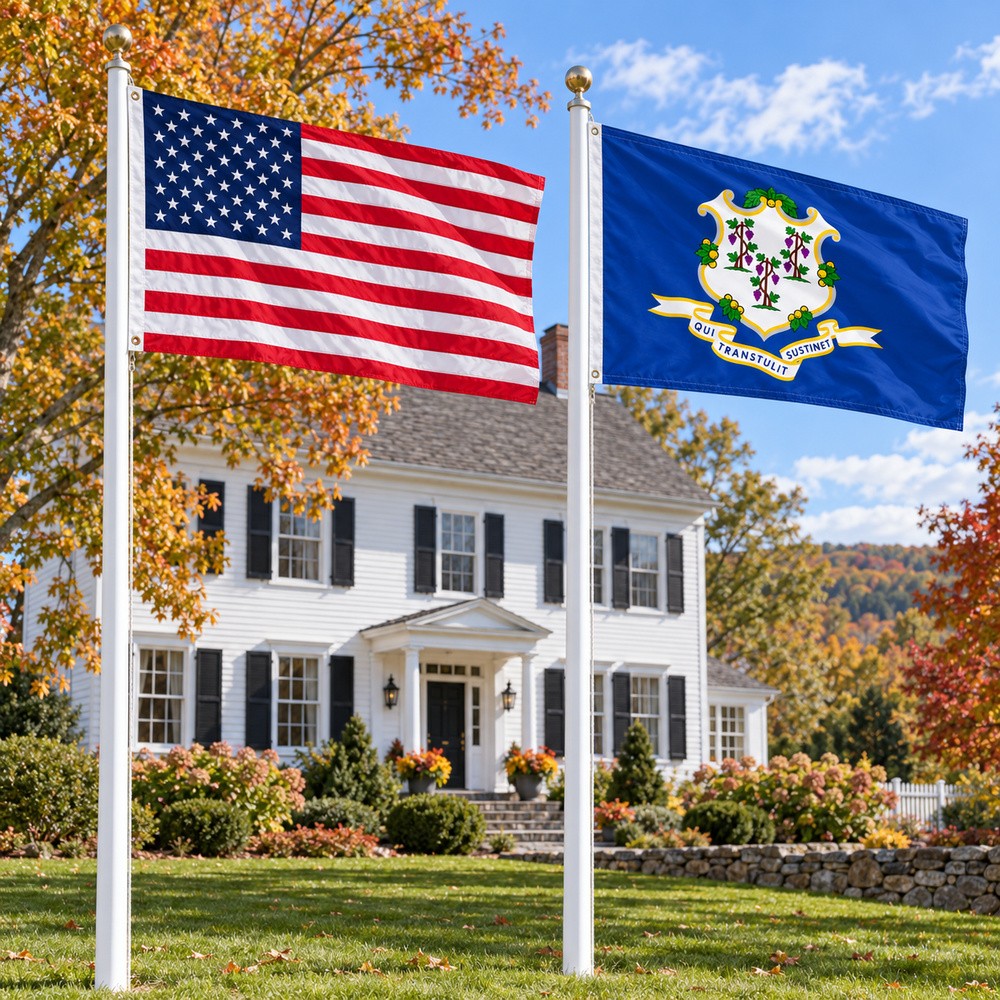 Heavy Duty American Flag and Connecticut State Flag 3x5 2-Pack displayed outdoors