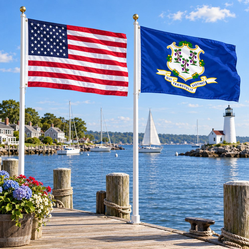 Heavy Duty American Flag and Connecticut State Flag 3x5 2-Pack displayed outdoors
