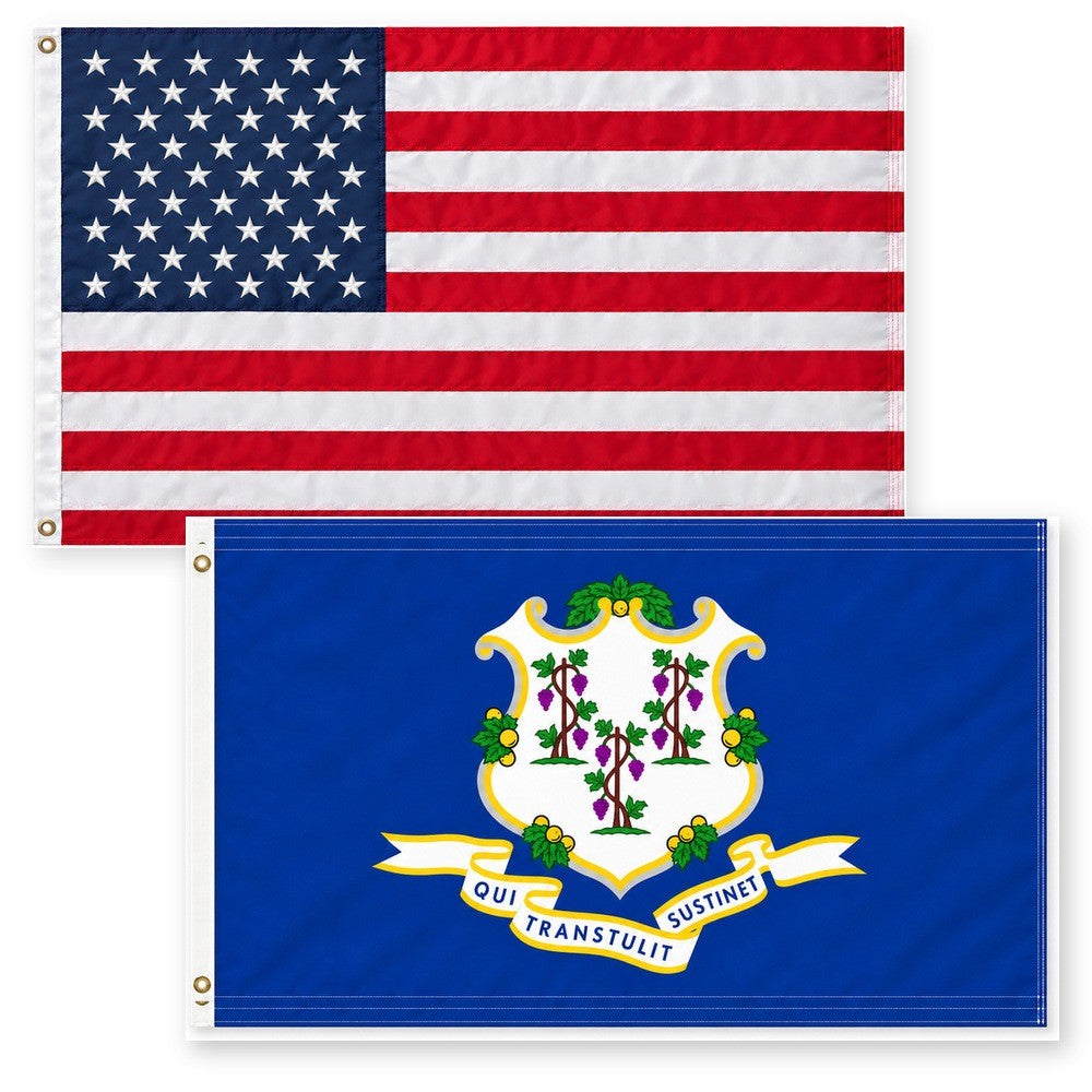 Heavy Duty American Flag and Connecticut State Flag 3x5 2-Pack