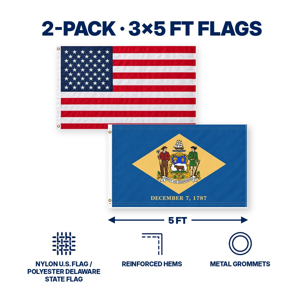 Heavy Duty American Flag and Delaware State Flag 3x5 2-Pack features and size details