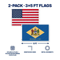 Heavy Duty American Flag and Delaware State Flag 3x5 2-Pack features and size details