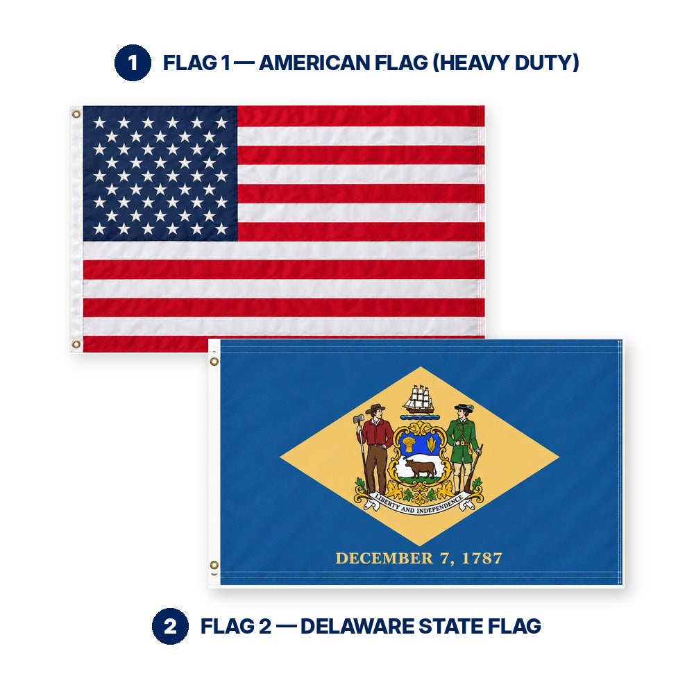 Heavy Duty American Flag and Delaware State Flag 3x5 2-Pack features and size details