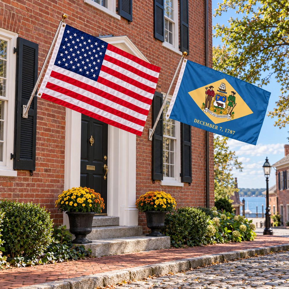 Heavy Duty American Flag and Delaware State Flag 3x5 2-Pack displayed outdoors