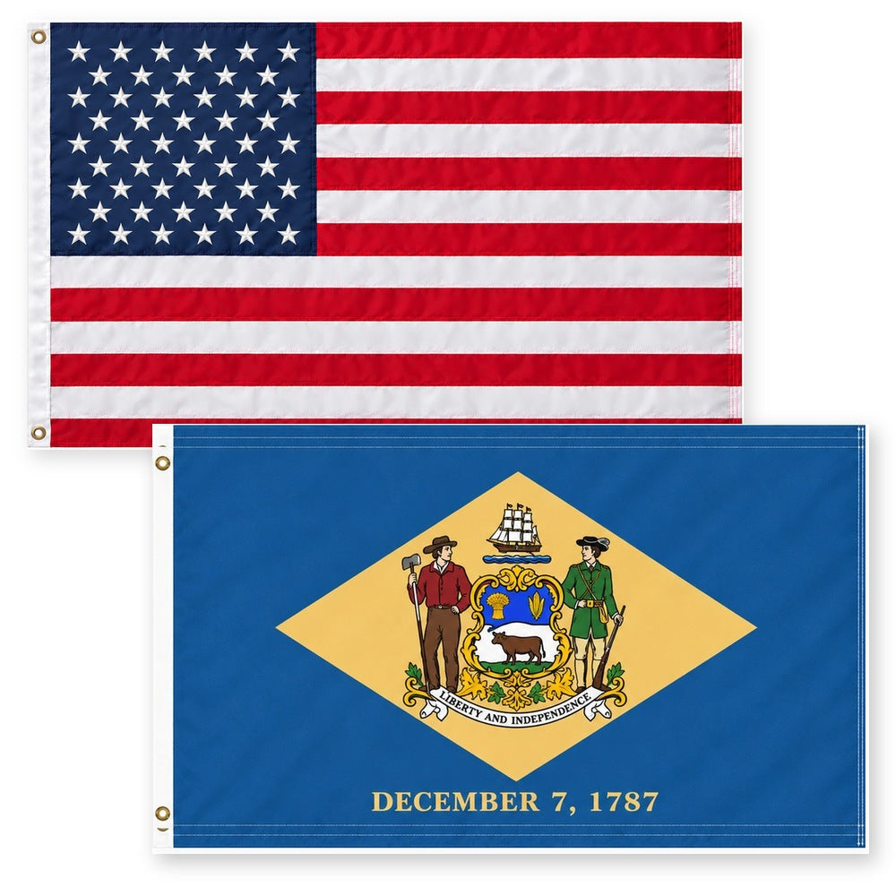 Heavy Duty American Flag and Delaware State Flag 3x5 2-Pack