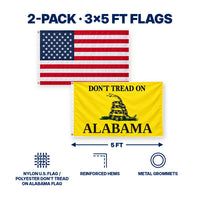 Heavy Duty American Flag and Don't Tread on Alabama Flag 3x5 2-Pack features and size details