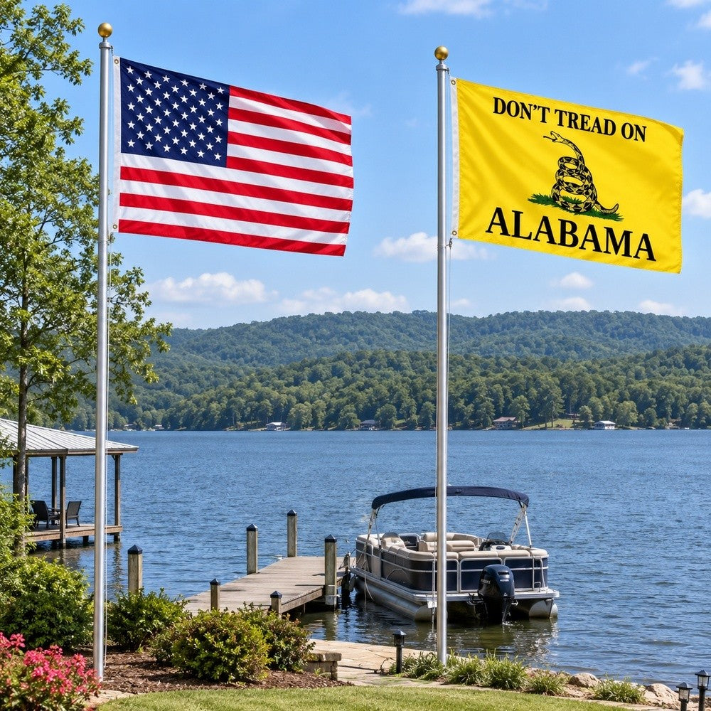 Heavy Duty American Flag and Don't Tread on Alabama Flag 3x5 2-Pack displayed outdoors
