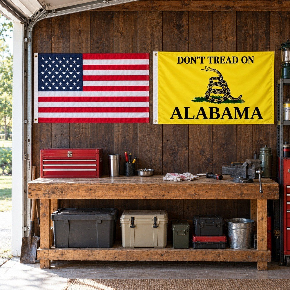 Heavy Duty American Flag and Don't Tread on Alabama Flag 3x5 2-Pack displayed outdoors
