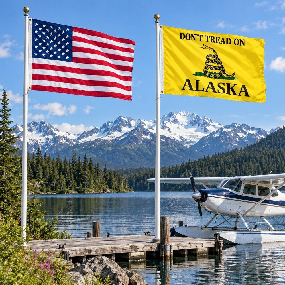 Heavy Duty American Flag and Don't Tread on Alaska Flag 3x5 2-Pack displayed outdoors