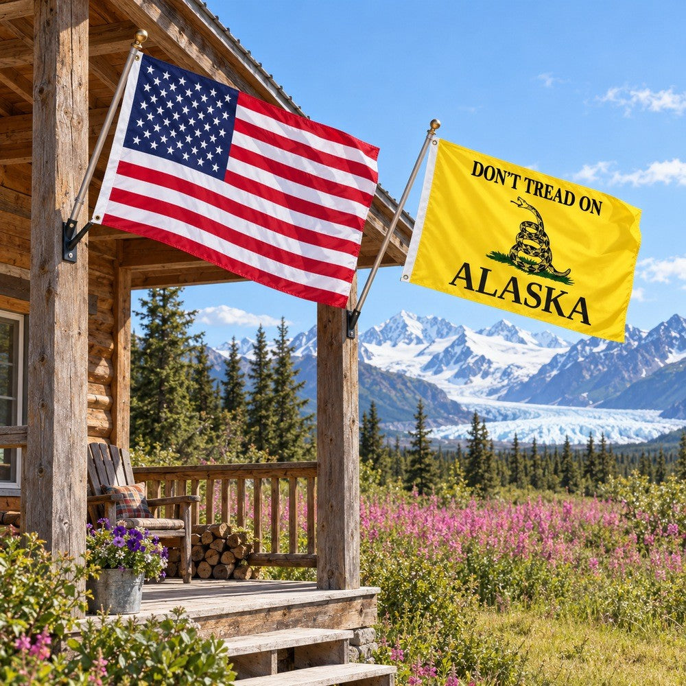 Heavy Duty American Flag and Don't Tread on Alaska Flag 3x5 2-Pack displayed outdoors