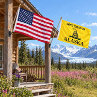 Heavy Duty American Flag and Don't Tread on Alaska Flag 3x5 2-Pack displayed outdoors
