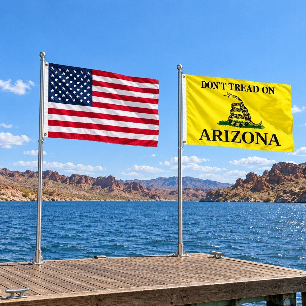 Heavy Duty American Flag and Don't Tread on Arizona Flag 3x5 2-Pack displayed outdoors