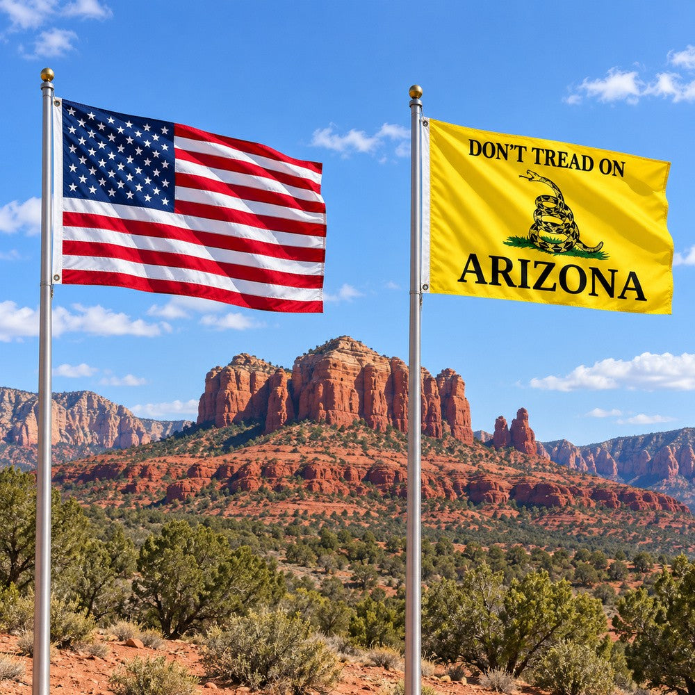 Heavy Duty American Flag and Don't Tread on Arizona Flag 3x5 2-Pack displayed outdoors