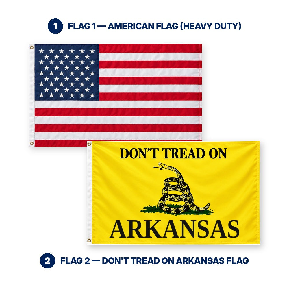 Heavy Duty American Flag and Don't Tread on Arkansas Flag 3x5 2-Pack features and size details