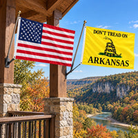 Heavy Duty American Flag and Don't Tread on Arkansas Flag 3x5 2-Pack displayed outdoors