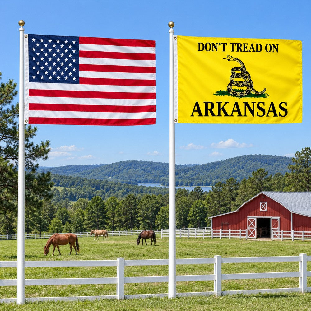 Heavy Duty American Flag and Don't Tread on Arkansas Flag 3x5 2-Pack displayed outdoors