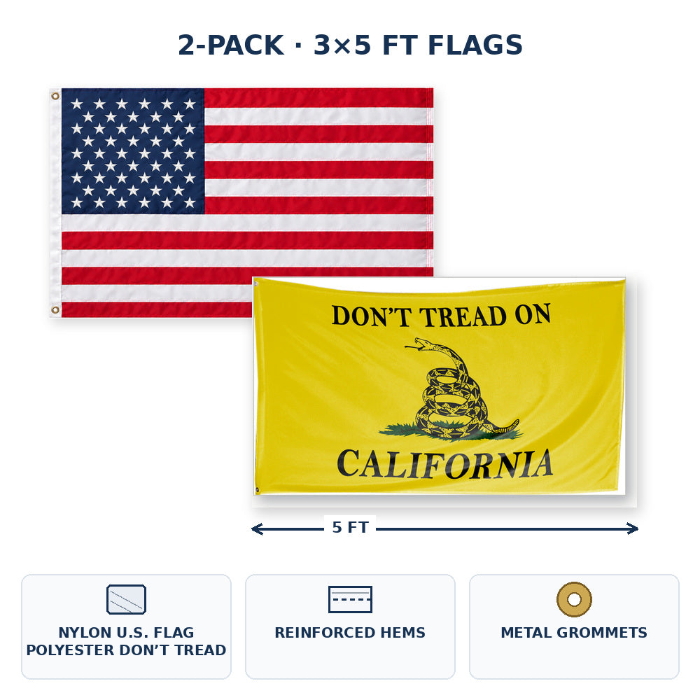 Heavy Duty American Flag and Don't Tread on California Flag 3x5 2-Pack features and size details