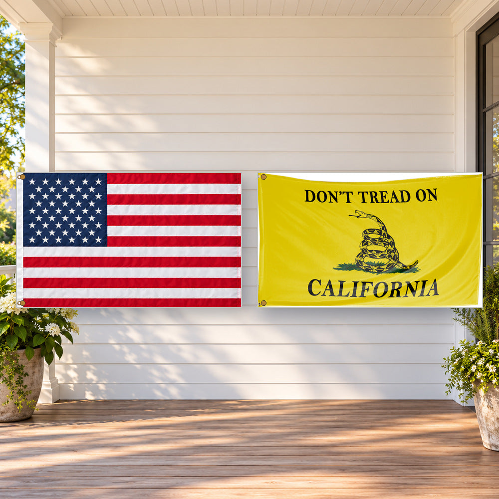 Heavy Duty American Flag and Don't Tread on California Flag 3x5 2-Pack displayed outdoors