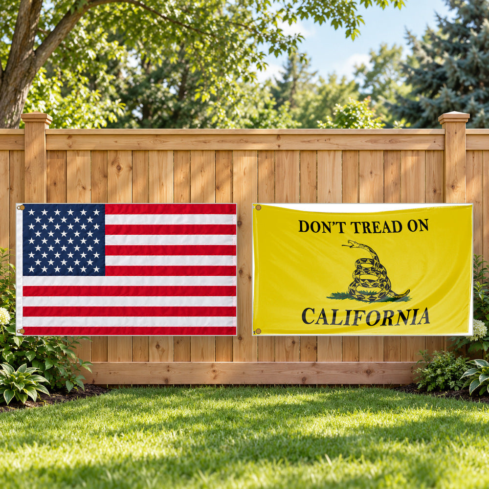 Heavy Duty American Flag and Don't Tread on California Flag 3x5 2-Pack displayed outdoors
