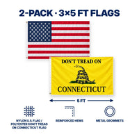 Heavy Duty American Flag and Don't Tread on Connecticut Flag 3x5 2-Pack features and size details