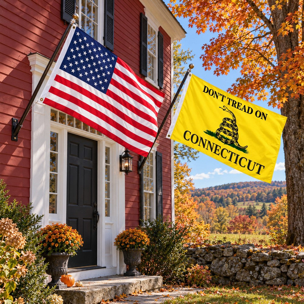 Heavy Duty American Flag and Don't Tread on Connecticut Flag 3x5 2-Pack displayed outdoors