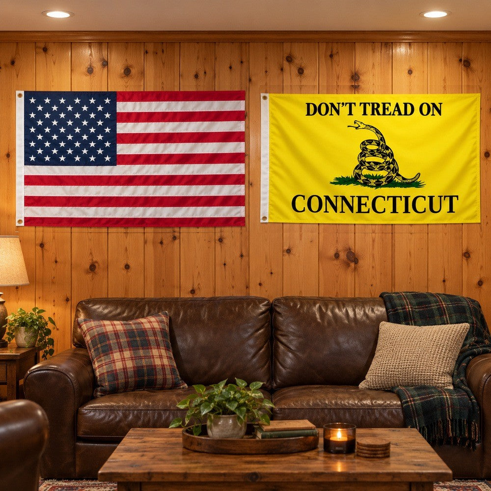 Heavy Duty American Flag and Don't Tread on Connecticut Flag 3x5 2-Pack displayed outdoors