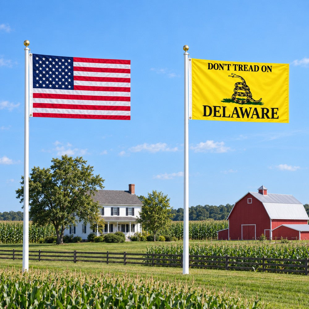 Heavy Duty American Flag and Don't Tread on Delaware Flag 3x5 2-Pack displayed outdoors