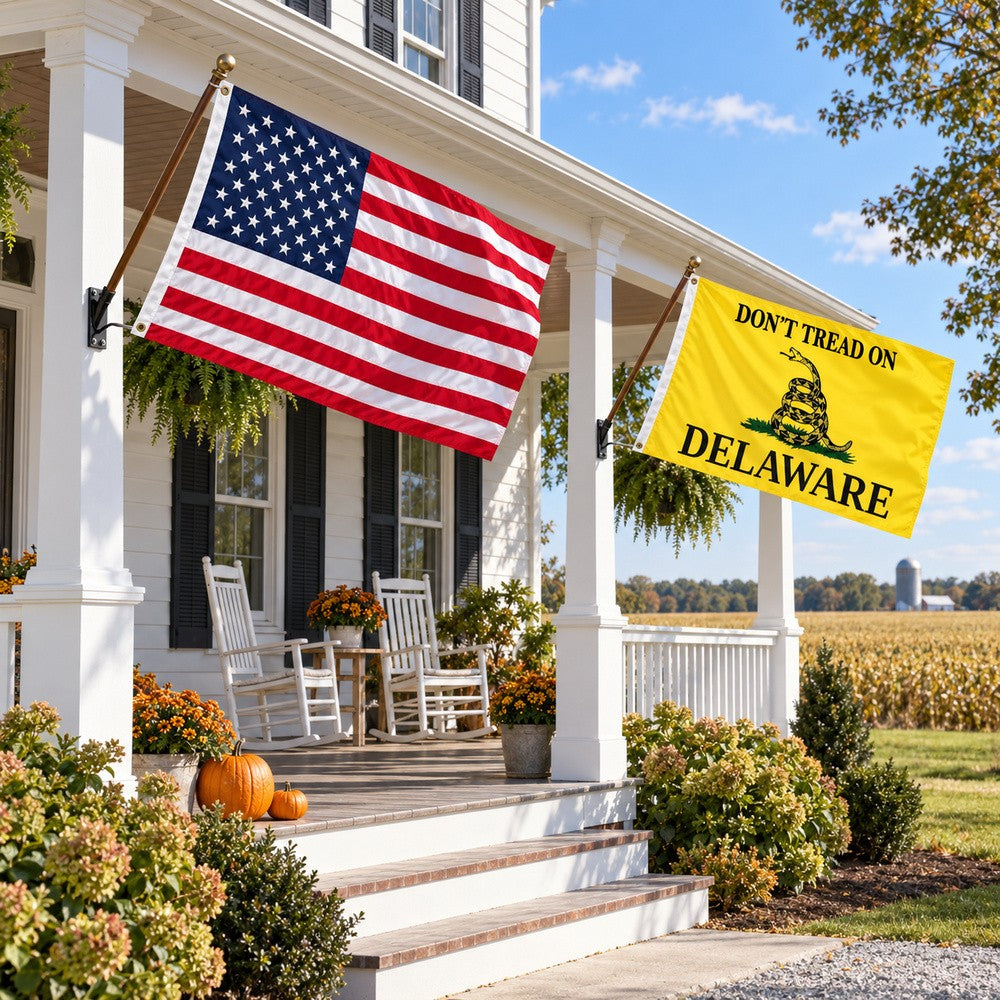 Heavy Duty American Flag and Don't Tread on Delaware Flag 3x5 2-Pack displayed outdoors