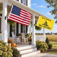 Heavy Duty American Flag and Don't Tread on Delaware Flag 3x5 2-Pack displayed outdoors