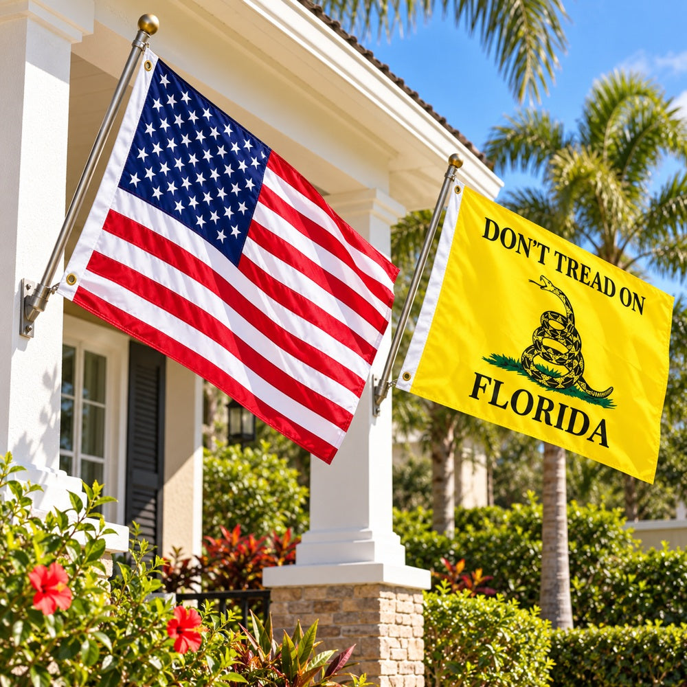 Heavy Duty American Flag and Don't Tread on Florida Flag 3x5 2-Pack displayed outdoors