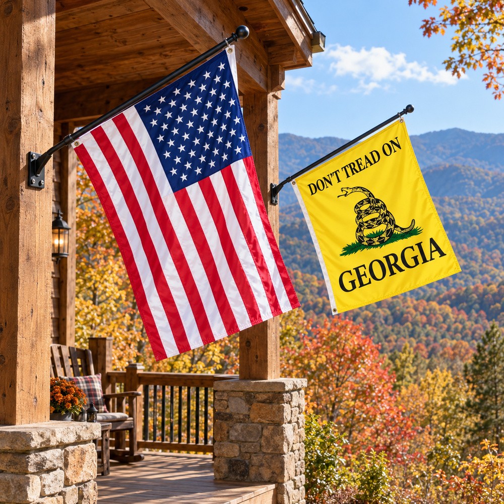 Heavy Duty American Flag and Don't Tread on Georgia Flag 3x5 2-Pack displayed outdoors
